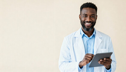 Confident african male doctor in early 40s with tablet technology in healthcare. professional medical practitioner in modern uniform.