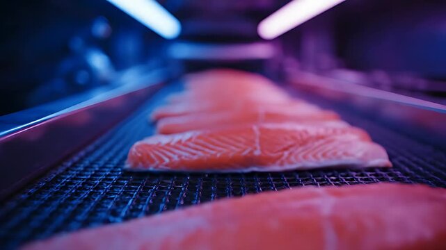 Fresh, raw salmon fillets moving along a specialized industrial conveyor belt processing line under vibrant blue and magenta futuristic lighting conditions.