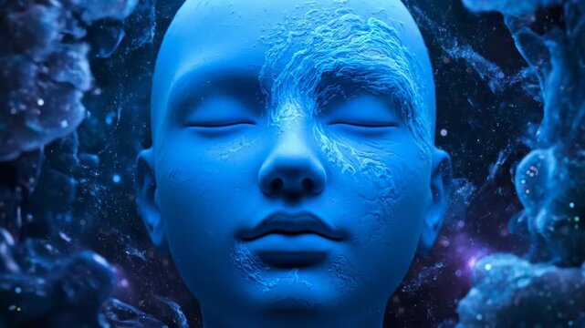 Ethereal Blue Face in Cosmic Surroundings - This mesmerizing video features a serene, blue-toned face set against a backdrop of swirling cosmic elements.