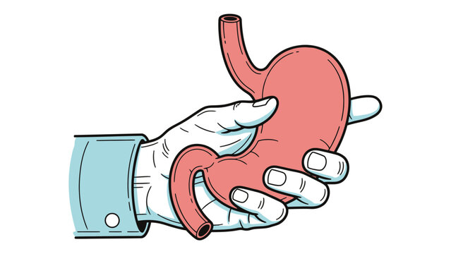 Hand holding stylized stomach organ vector illustrating gastroenterology care pathway, endoscopy service procurement and reimbursement strategy for digestive health providers