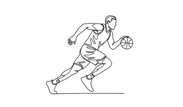 Continuous line basketball player running modern outline vector illustration