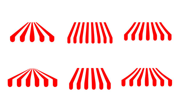 Red and white striped awning set, various perspectives of shop canopy and storefront window sunshades, classic retail marketplace and cafe stall vector illustration elements on white