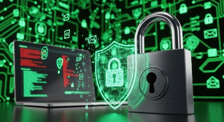 ノートパソコンと南京錠、サイバーセキュリティとデータ保護のコンセプト