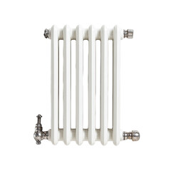 White radiator against black, with rounded tubes and shiny metal fittings
