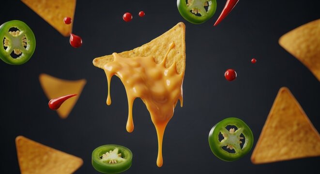 チーズソースがとろけるナチョチップとハラペーニョ、唐辛子の黒背景に浮かぶクローズアップ