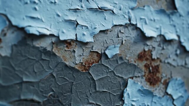 Textured Peeling Paint Surface - This close-up video features an intricate texture of peeling paint, revealing layers of blue and gray hues along with rust stains.