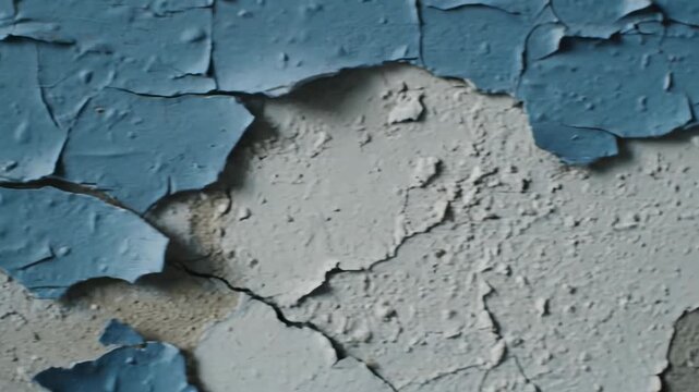 Peeling Paint Detail on Wall - The video shows a close-up of a wall with peeling blue paint, revealing a textured layer beneath.