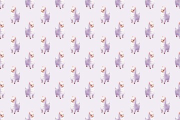 Obraz premium Seamless pattern with cute cartoon llama characters repeating across design, purple fluffy texture, for textile wallpaper
