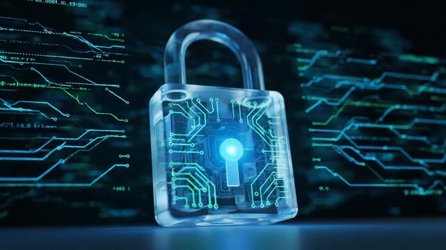 Digital Lock with Circuit Patterns - The video features a transparent digital padlock illuminated by a glowing blue light, set against a backdrop of intricate circuit patterns and data streams.
