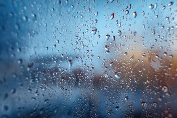 Numerous clear rain droplets on a window pane, with a blurred colorful background