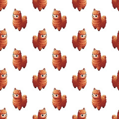 Obraz premium Seamless pattern of cute cartoon alpaca characters in 3D render, fluffy orange llamas on black for bold textile design