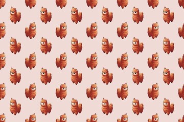 Obraz premium Seamless pattern of cute cartoon alpaca characters in 3D render, fluffy orange llamas on soft pink for textile design