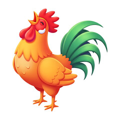 Vibrant cartoon rooster character in 3D render, colorful farm bird with green tail feathers for cheerful animal design