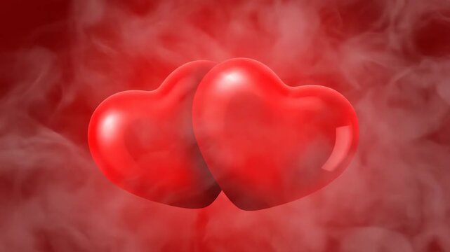 Romantic Red Hearts with Smoke Background - This video features two glossy red hearts positioned closely together, partially obscured by a swirling mist of smoke.
