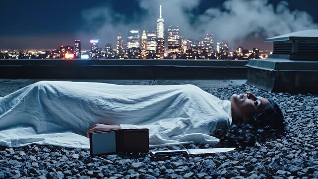 Rooftop Crime Scene with Body Covered by Sheet Against City Skyline at Night Investigation and Mystery Concept and Cold