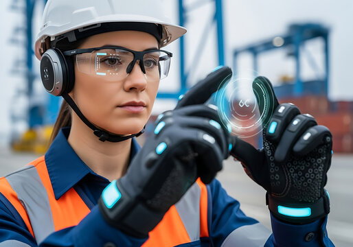 Port Worker Utilizing Advanced Wearable Technology for Cargo Inspection. Smart Logistics, Workforce Innovation & Augmented Reality