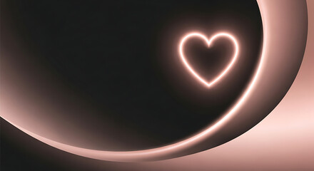 Abstract dark background with a radiant neon heart and flowing rose gold curves, suggesting modern love and elegance. Valentine’s Day background