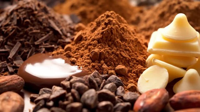 Delicious Chocolate Ingredients Display - This video showcases an assortment of chocolate components, including cocoa powder, chocolate shavings, dark chocolate, cocoa beans, and a slab of butter.