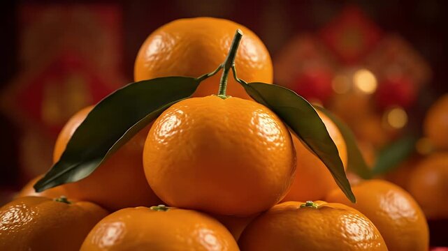 Slow cinematic pan across vibrant Mandarin Oranges and green leaves arranged for festive Chinese New Year ambiance, softly lit