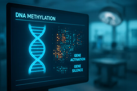Computer monitor showing a detailed DNA methylation dashboard with gene activation and silencing metrics for epigenetic research in a laboratory