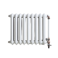 White, old-fashioned radiator against a black background, showing metal piping