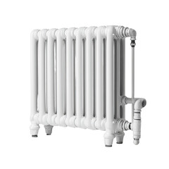 White radiator with vertical tubes & pipework, against black background