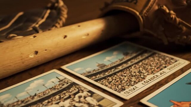 Vintage Baseball Memorabilia Close-Up - This video showcases a nostalgic collection of baseball items, including a pristine baseball, an old-fashioned bat, and a pair of vintage photographs depicting