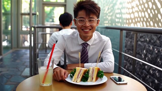 Confident Young Professional Enjoying Lunch in Modern Cafe: Concept of Workplace Wellbeing, Work-Life Balance and Positive Networking