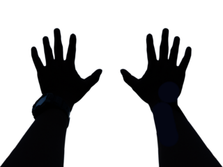 A black shows a human hand silhouette with fingers reaching out in a volunteer gesture to help a child