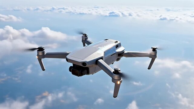 Silver quadcopter drone flying in clear blue sky with white clouds