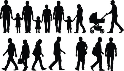 Obraz premium Collection of black silhouette figures including adults and children walking with a baby stroller and a single person pushing a pram