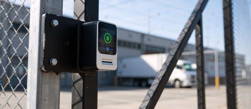 Electronic access control reader mounted on an industrial metal gate. Smart security system displaying green unlocked padlock icon. Digital entry technology background