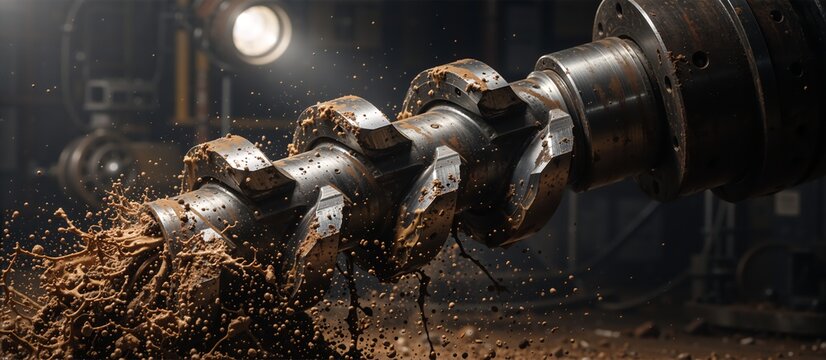 Industrial metal drill bit rotating with brown mud splashes. Detailed close-up of heavy construction machinery in action. Engineering and mining concept