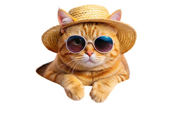 Cute ginger cat wearing sunglasses and a straw hat floats in an inflatable ring metalwork isolated on white background PNG. AI Generated.