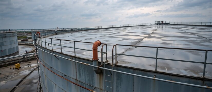 Large industrial storage tank with floating roof and rain puddles. Close up view of oil refinery infrastructure with orange vent pipe and safety railings. Energy storage facility concept