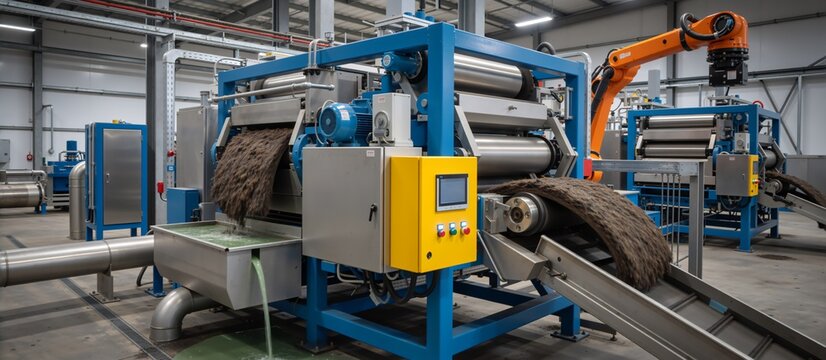 Industrial sludge dewatering equipment in a factory. Automated wastewater treatment machine with robotic arm. Waste management technology and filtration system