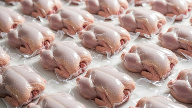 Multiple raw whole chickens sealed in transparent plastic packaging arranged in neat rows, fresh poultry meat prepared for retail sale in cold storage or supermarket display