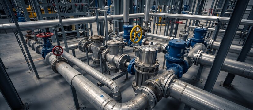 Industrial steam trap station with condensate lines and valves. Detailed view of metallic piping system in a factory or power plant. Mechanical engineering and infrastructure concept