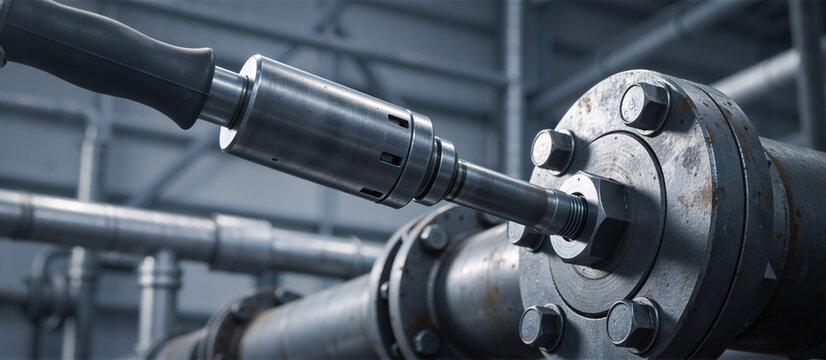Close-up of a torque wrench tightening a bolt on an industrial pipe flange. Mechanical tool for maintenance and assembly in heavy industry