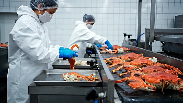 Seafood processing worker meticulously prepares freshly cooked king crab legs and claws on a stainless steel industrial conveyor belt line