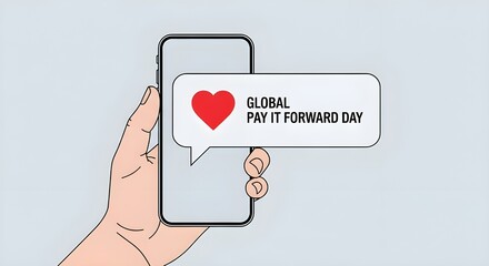 Global Pay It Forward Day Minimal Illustration – Smartphone Message with Heart, Digital Kindness