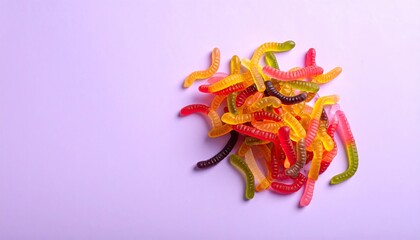 Candy gummy worms pile on lilac backdrop, use for sweet, treats, and celebrations