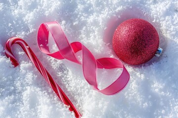 Candy, ribbon, ornament on snow, sunny. Merry Christmas card, holiday decoration