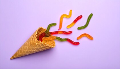 Candy worms spilling from a cone on light purple backdrop, for kids' treats
