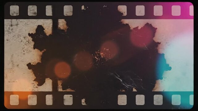  Old Super 8 film reel sliding across the screen with perforated edges, heavy flicker and grain, colorful light leaks bleeding into the frame, soft lens flares, nostalgic vintage film aesthetic