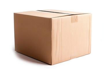Cardboard box, closed, in studio lighting. Seen from a three-quarter angle on a white background