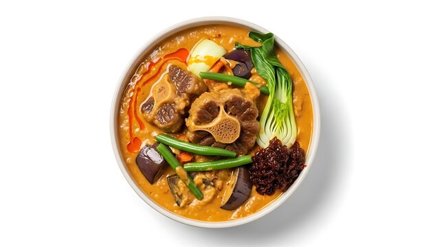 A vibrant bowl of traditional Filipino Kare-Kare stew, featuring tender oxtail, rich peanut sauce, and fresh vegetables like eggplant, string beans, and bok choy, served with a side of bagoong.