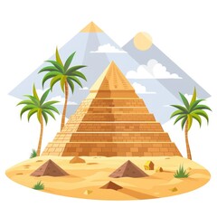 Cartoon illustration featuring a grand ancient structure, palm trees, sun, and sand dunes