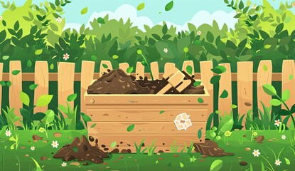 Cartoon illustration of a compost bin in a lush garden, with leaves and flowers