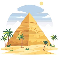 Cartoon illustration of a large ancient triangular structure, with palm trees and a sunny desert scene